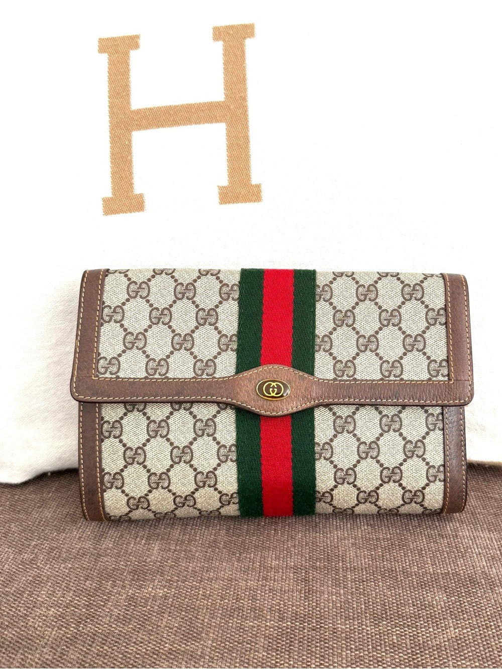 Authentic Gucci supreme monogram canvas clutch bag brown leather - Picture 3 of 16